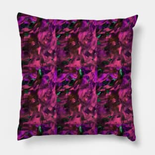 Abstract checkered background in berry tones. Fuchsia acrylic painting on canvas with color texture, stained glass style with flowers and leaves. Modern, contemporary art, impressionism. Pillow