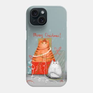 Merry Christmas greeting winter card with cute fluffy cats in red Santa hats and scarves. Phone Case