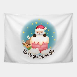 Cute Santa and Reindeer on the House Top Tapestry