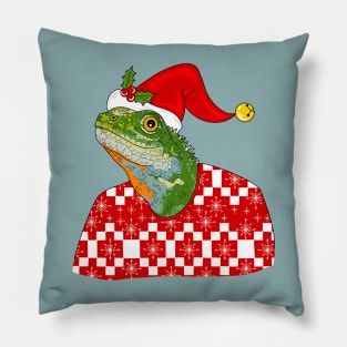 Christmas Sweater Lizard With Blue Background Pillow