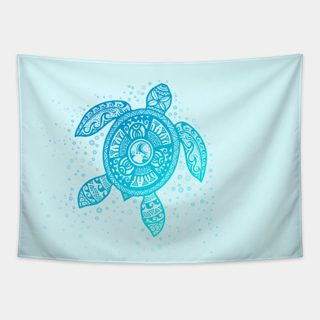 Boho Tiki Teal Sea Turtle with Bubbles Tapestry by Jitterfly