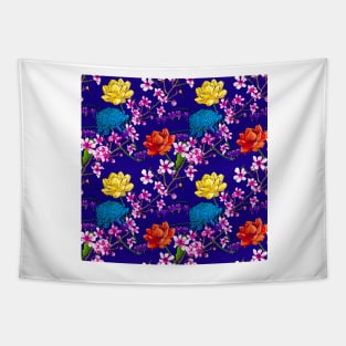 Asian Blue Floral Fusion Tapestry