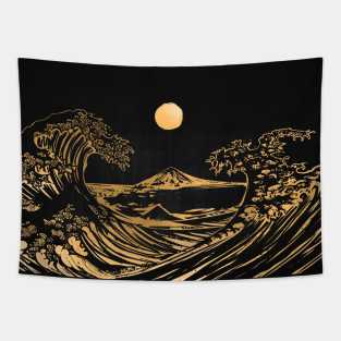 Hokusai wave gold line Tapestry