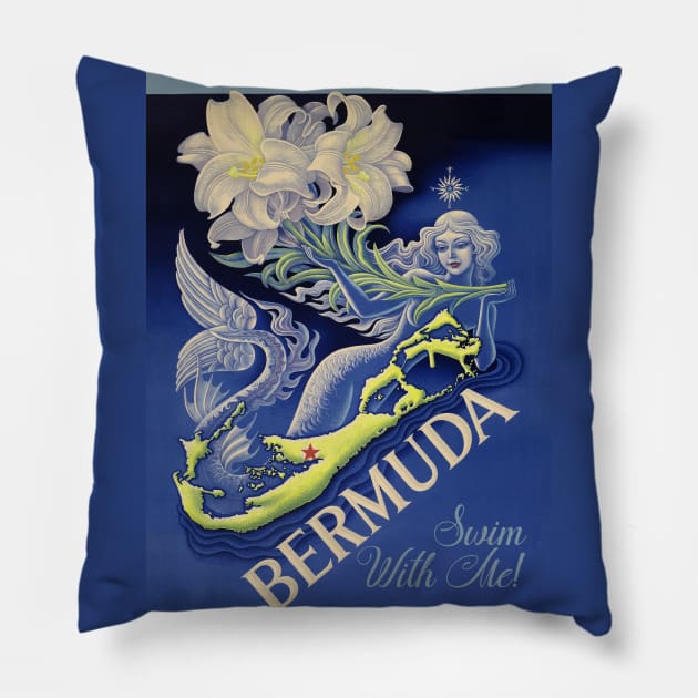 Bermuda Mermaid Vintage Travel ad Pillow by LittleBean