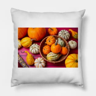 Autumn Pumpkins On Red Boards Still life Pillow