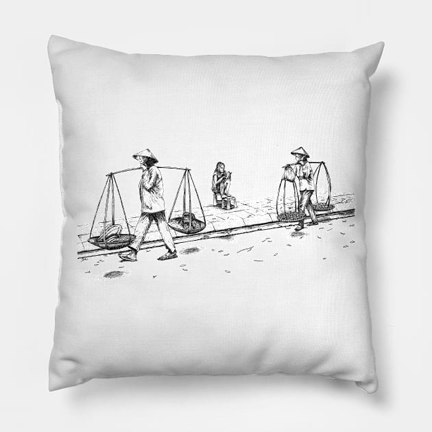 Vietnamese Fruit Sellers, Hanoi Pillow by bens black line art