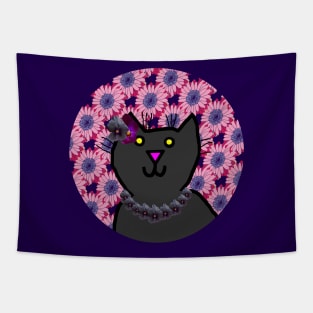 Violet Floral Cat Portrait Tapestry