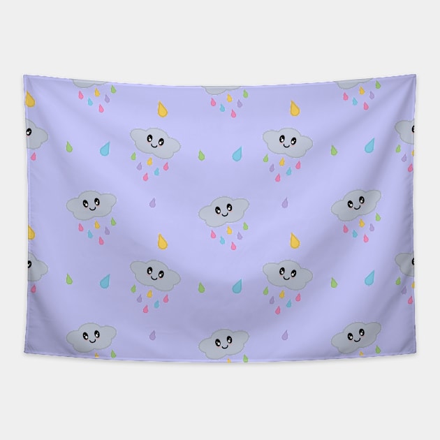 Kawaii Cute Raining Rainbow Clouds Pattern in Purple Tapestry by Kelly Gigi