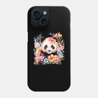 A panda bear decorated with beautiful watercolor flowers Phone Case