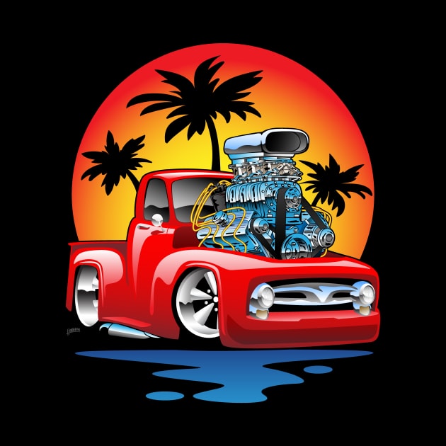 Classic American Hot Rod Pick-up Truck with Sunset Cartoon by hobrath