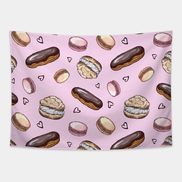 Bakery pattern, macarons, eclairs, muffins, mask, pink mask, pink face mask Tapestry by crocozen