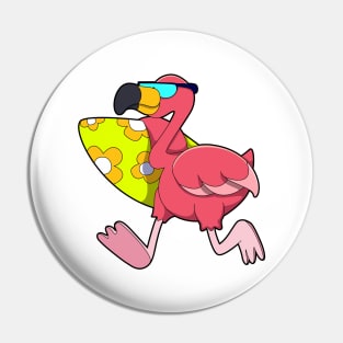 Flamingo as Surfer with Surfboard & Sunglasses Pin