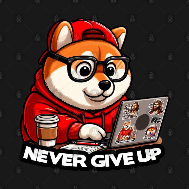 Never Give Up Shiba Inu Dog Laptop Homework Hardworking Study Hard by Plushism