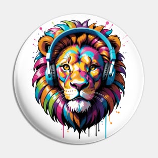 Vibrant Lion Groove: Colorful Majesty with Headphones Pin