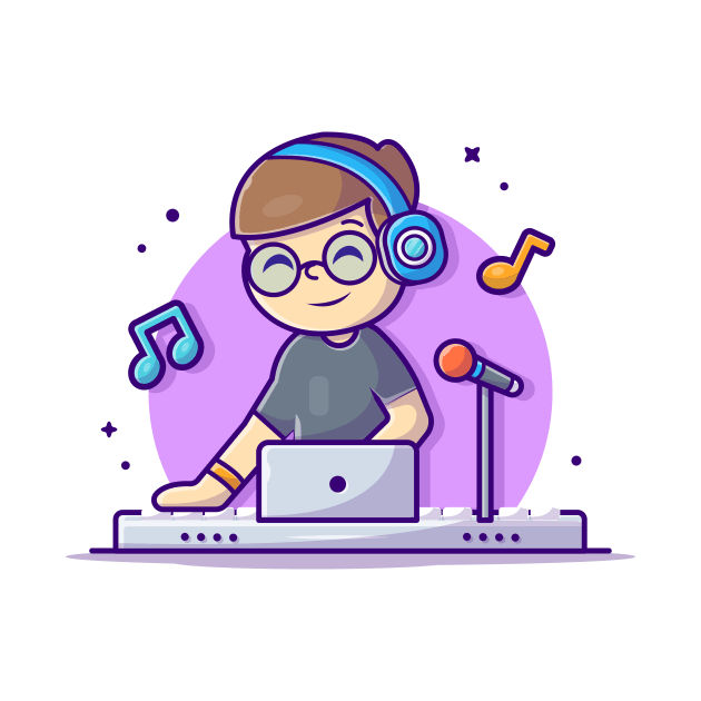 Happy Cute Disk Jockey Performance with Headphone Cartoon Vector Icon Illustration by Catalyst Labs