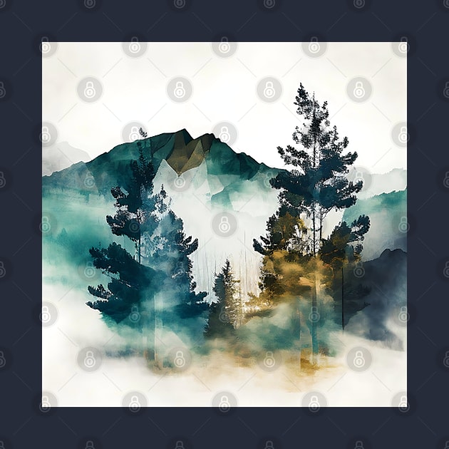 Misty Green Mountains and Trees Watercolor by The Art Mage