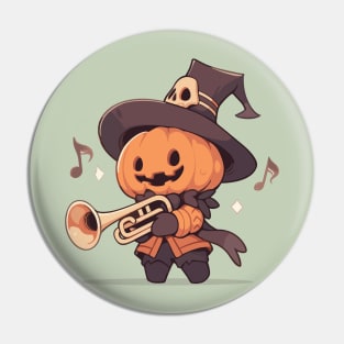 Jack-O-Lantern Playing Halloween Trumpet. Spooky Cute Mariachi Monster. Pin