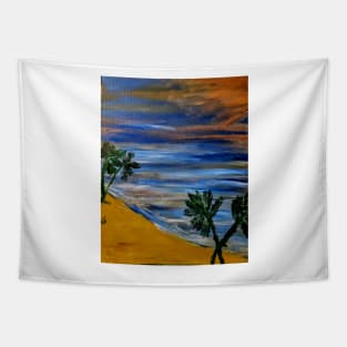 A ocean view of a beach at sunset Tapestry