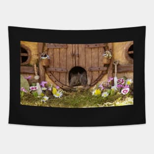 George the mouse in a log pile house - twins Tapestry