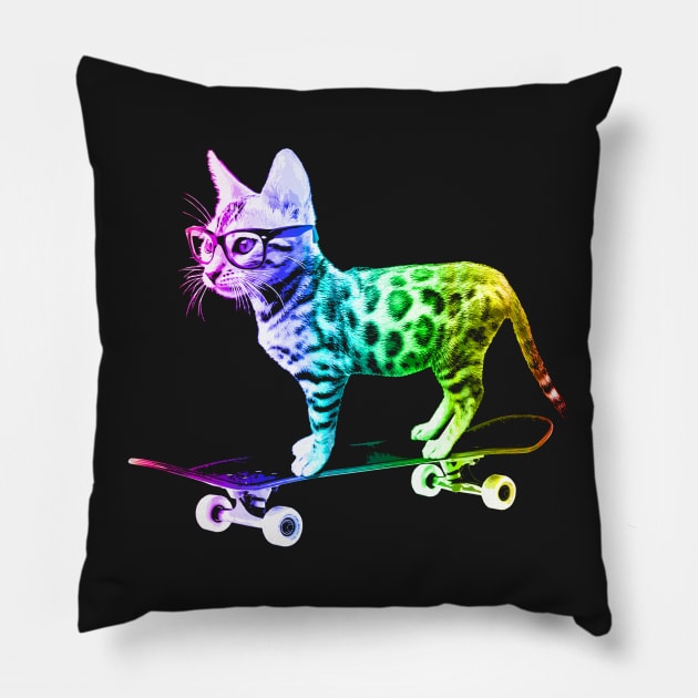 Rainbow Skateboard Cat Pillow by robotface