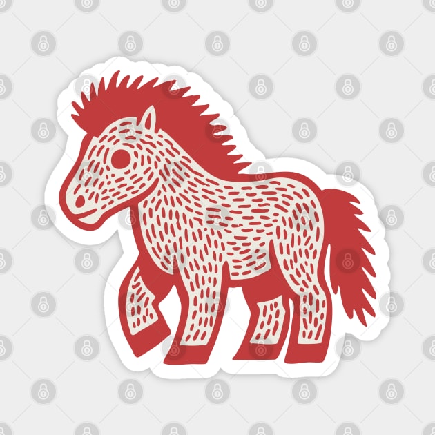 Playful Red Pony Linocut for Horse Girl Room Decor Magnet by TuncGK