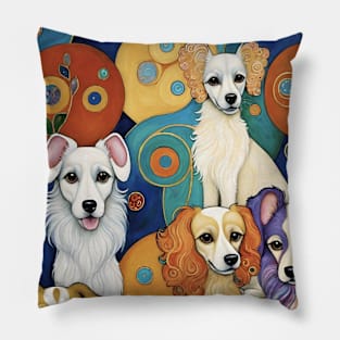 Gustav Klimt's Rainbow Paws: Colorful Dog Illustration Pillow