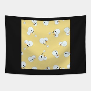 Cute Snowmen playing with snowballs yellow background Tapestry