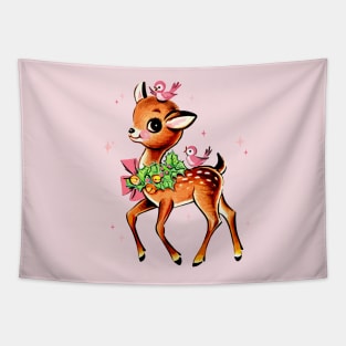 Retro Christmas Reindeer with Birds Tapestry