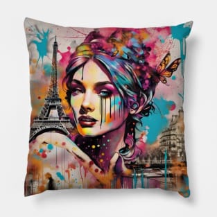 Lady in Paris, Graffiti art, splash art, street art, spray paint, colourful art Pillow