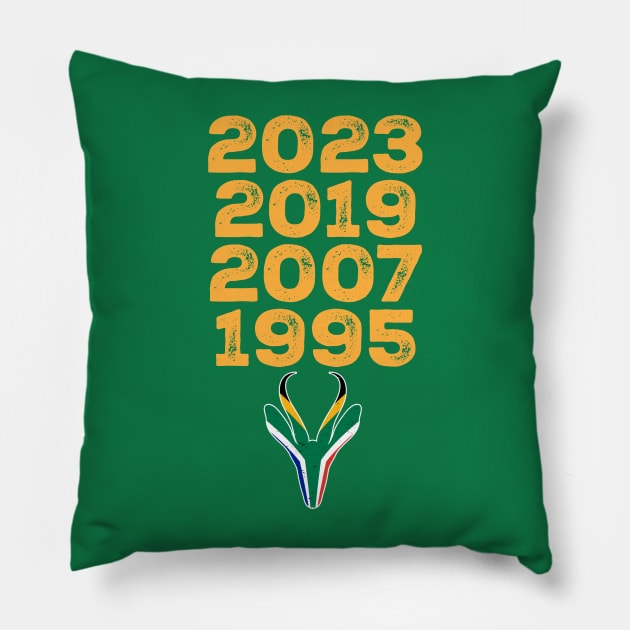 South Africa Four Time World Rugby Champs Vintage T-Shirt | Springbok Head & Flag 2023 2019 2007 1995 | Nou Gaan Ons Braai | Lekker Pillow by BraaiNinja