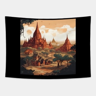 Illustration of Bagan, Myanmar on sunset Tapestry