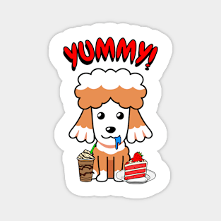 Cute brown dog is having coffee and cake Magnet