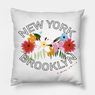 ''New York, Brooklyn'' text with exotic summer flowers Pillow