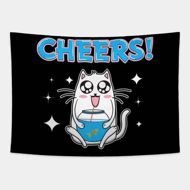 Cute Cheers Cat Drinking Fishbowl Beer Drinker Tapestry by theperfectpresents