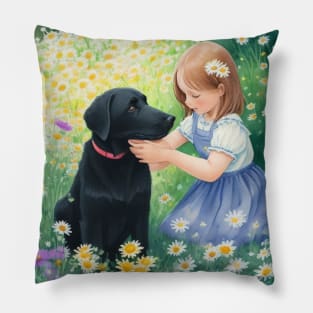 child hanging out with a dog. Pillow