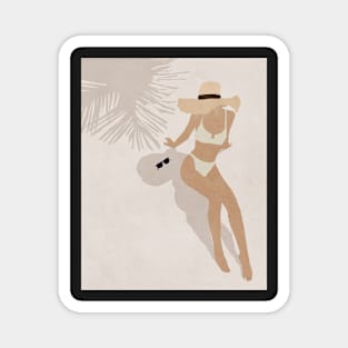 Woman, Girl, On the beach, Under palm, Hat, Boho style art, Mid century art Magnet