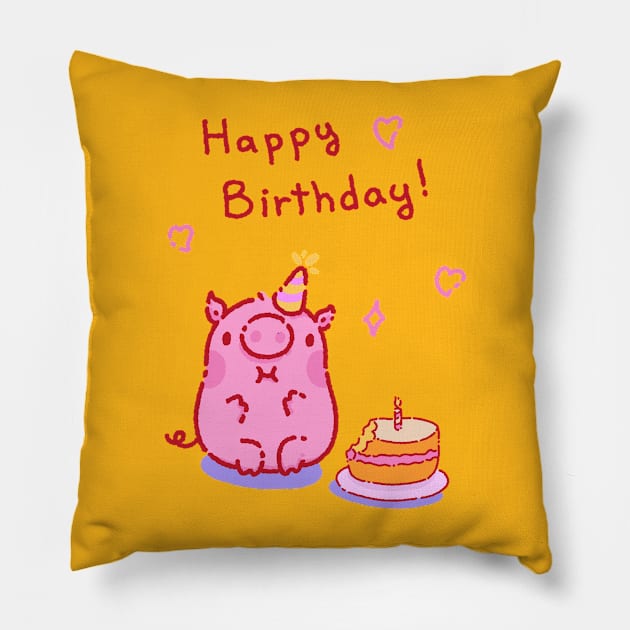 Happy birthday! Pig eating your cake Pillow by Tinyarts