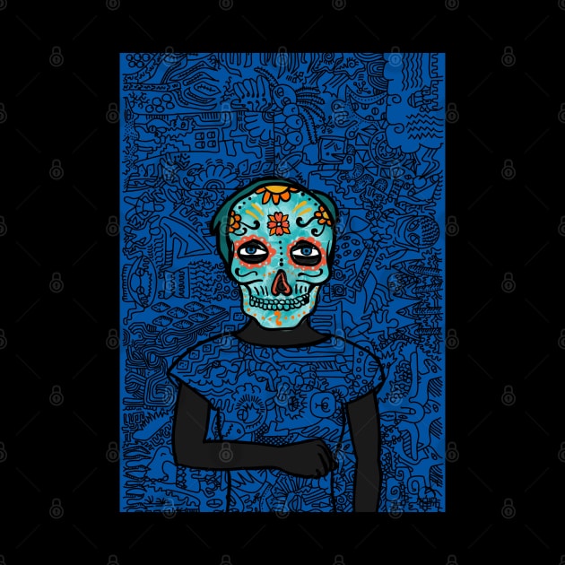100: Vibrant Blue-Eyed Female Mexican Mask NFT with a Planetary Glyph Background by Hashed Art