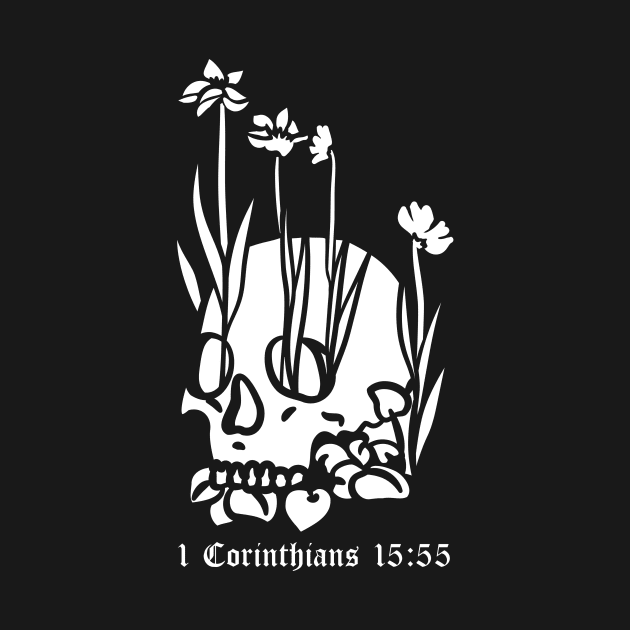 Skull with flowers 1 Corinthians 15:55 by thecamphillips