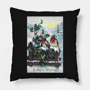 Beautifully Restored Vintage Christmas Card With Birds and Snow, Mistletoe Pillow