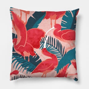 Luxurious Scarlet Ibis // pink background teal vegetation metal rose and red guará large birds Pillow