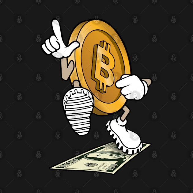Bitcoin stepping on 100 dollar bill, funny crypto defeating fiat by Biped Stuff