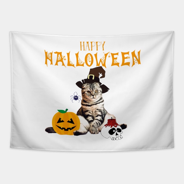 Halloween Cat Witch Costum Pumpkin Spider Skull Gift Tapestry by ro83land