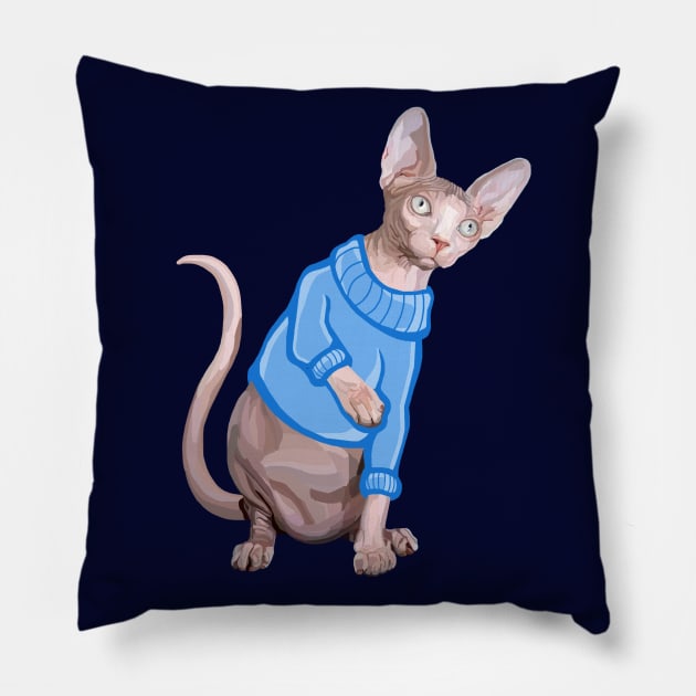 Cute Sphynx Cat with Blue Knit Sweater Pillow by Art by Deborah Camp