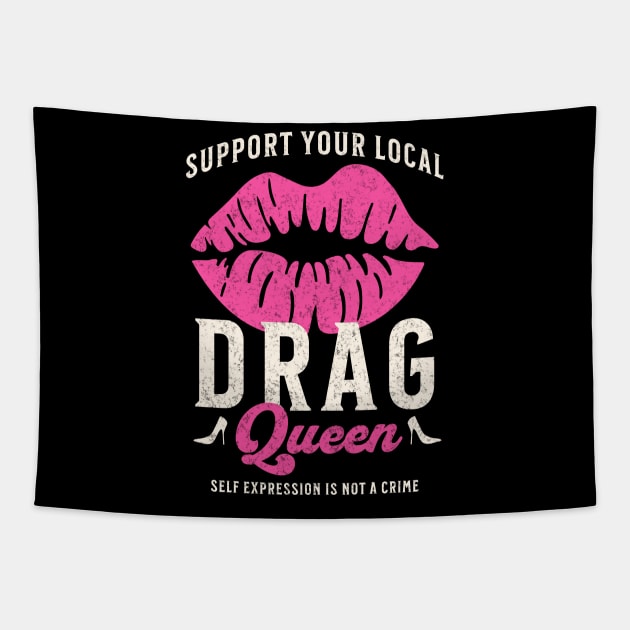 Support Your Local Drag Queen Vintage Lips Black Tapestry by PUFFYP