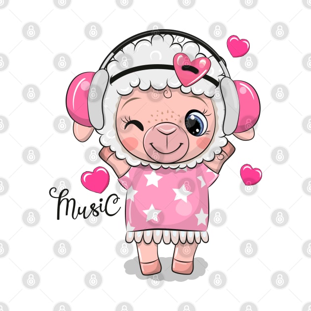 Cute little lamb in a pink dress and headphones. by Reginast777