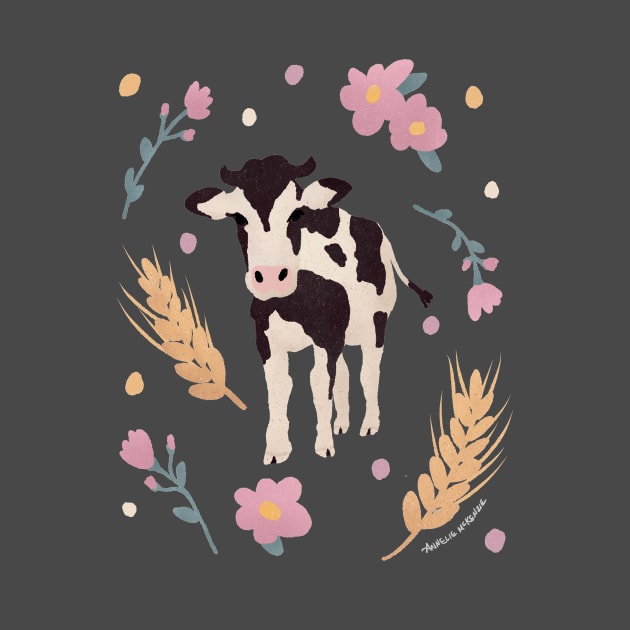 Cow Portrait with Wheat and Flowers by Annelie