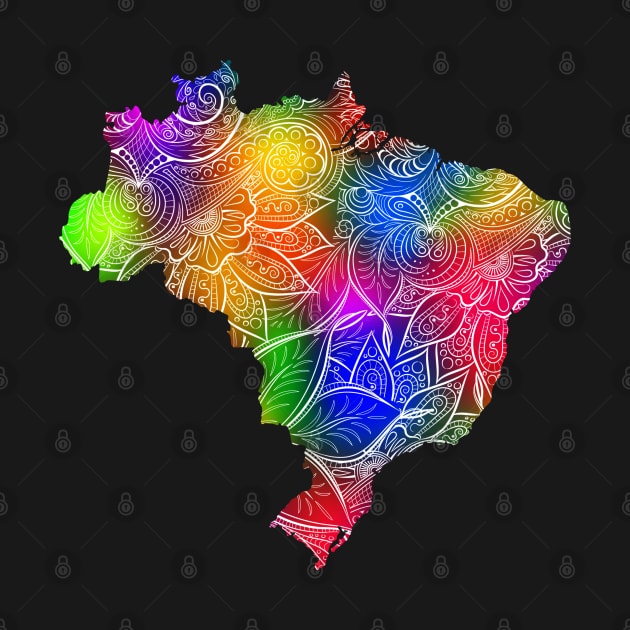 Colorful mandala art map of Brazil with text in multicolor pattern by Happy Citizen