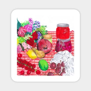 Fruits, Jars, and Flowers on red gingham tablecloth Magnet