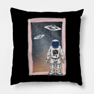 Floating astronaut Ufo alien abduction funny cute spaceship moon mars cosmic space Pillow